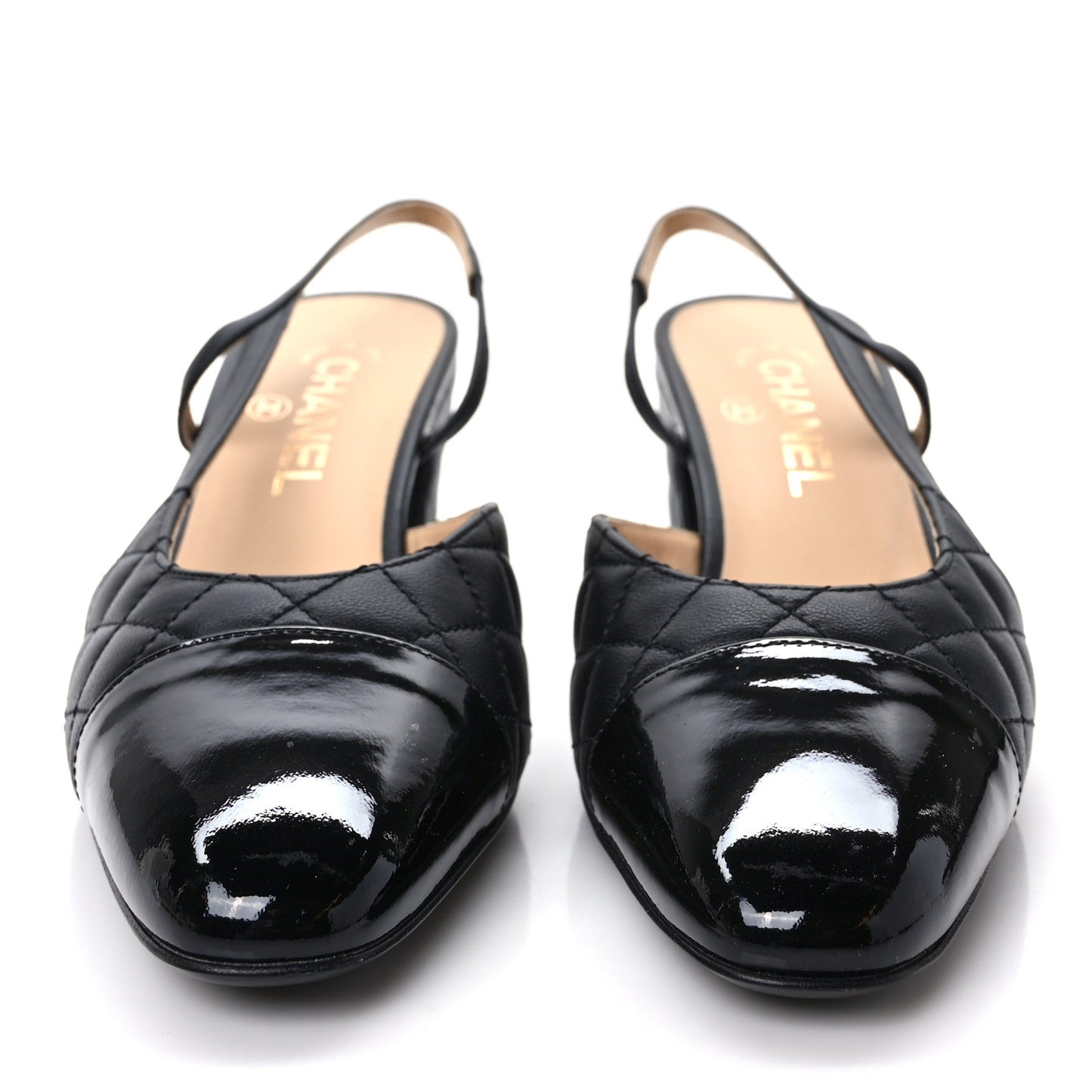 Lambskin Patent Calfskin Quilted Cap Toe CC Slingback Pumps 39.5 Black