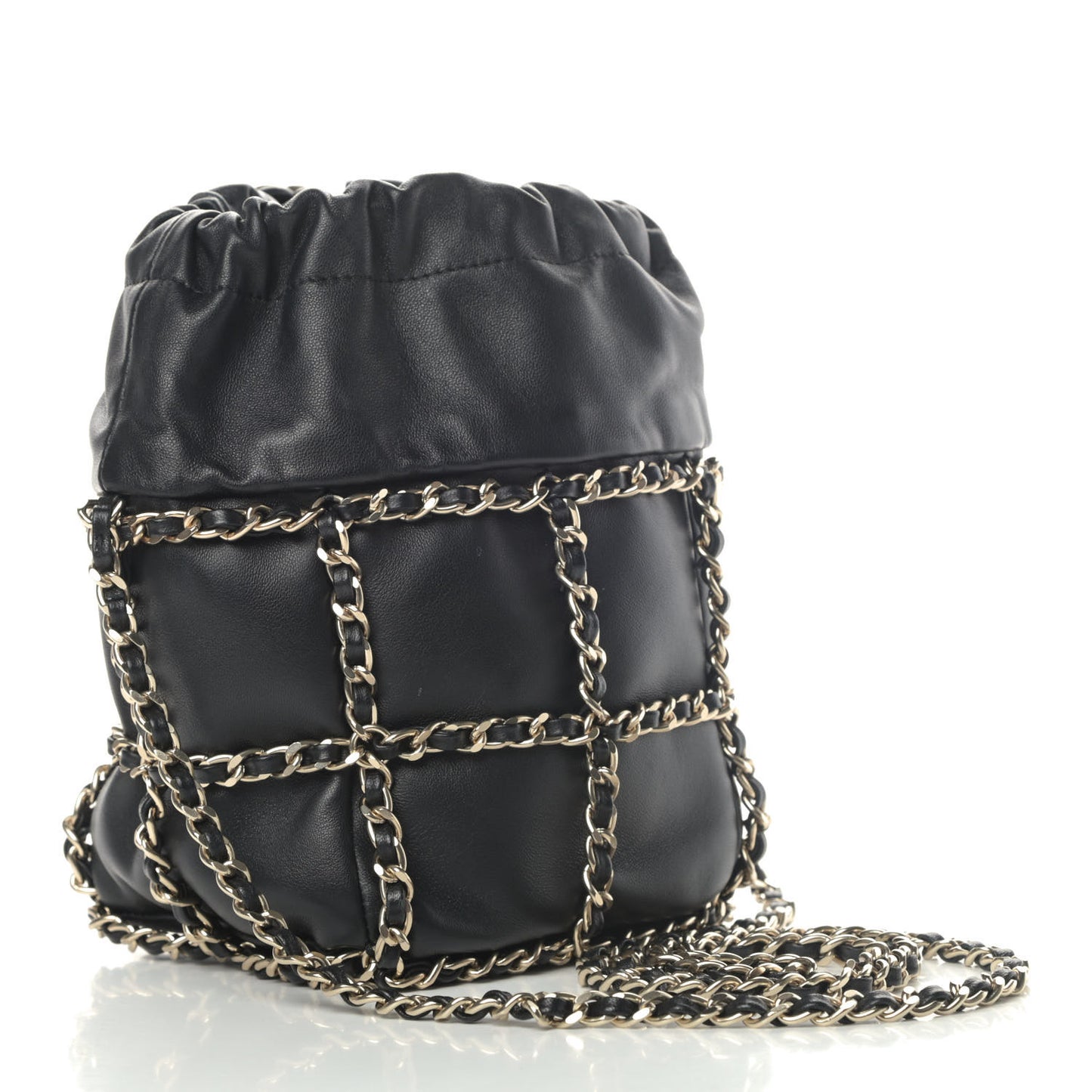 Lambskin Bucket Chain Drawstring Bag Black
