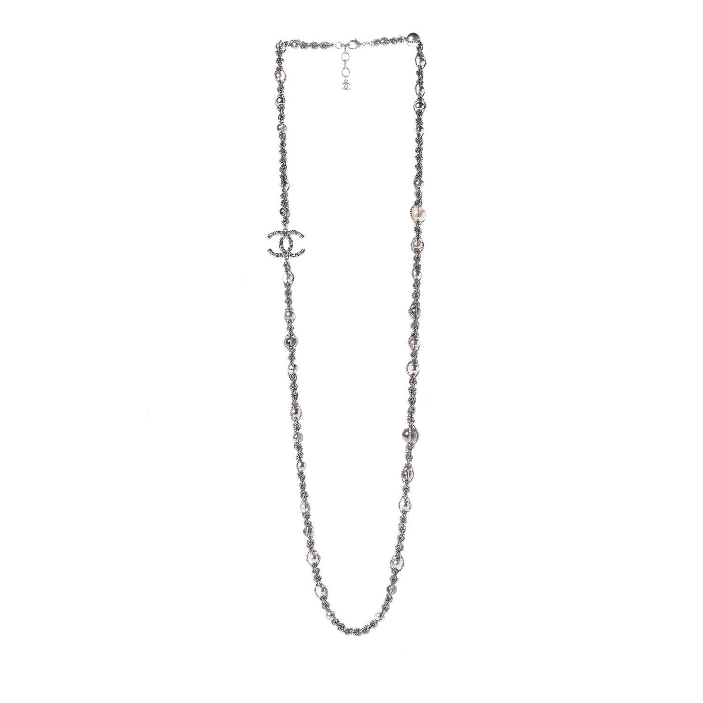 Crystal Pearl Bead Chain CC Long Necklace Ruthenium