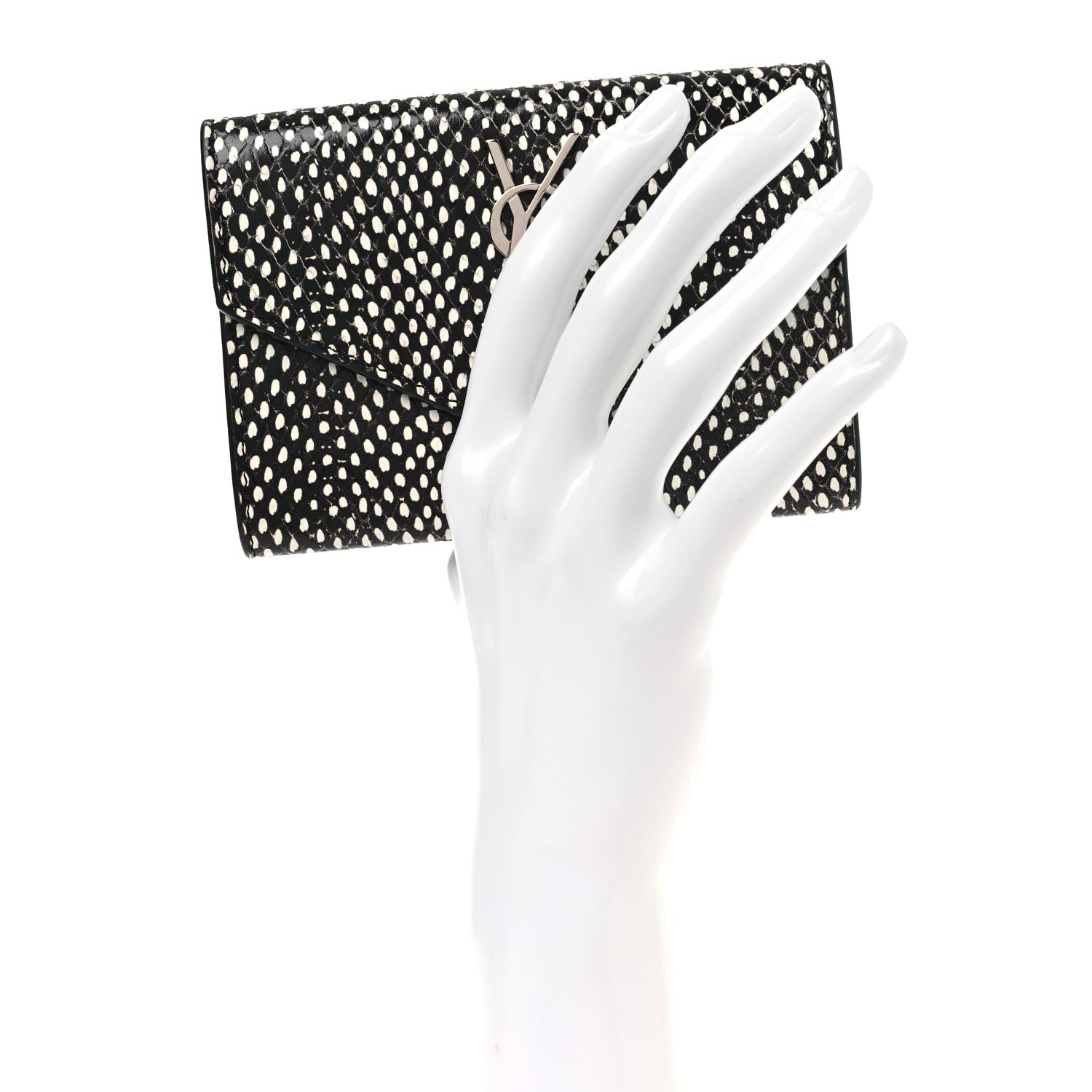 Saint Laurent Calfskin Lambskin Snakeskin Embossed Small Monogram Envelope Wallet Black White 2 of 7