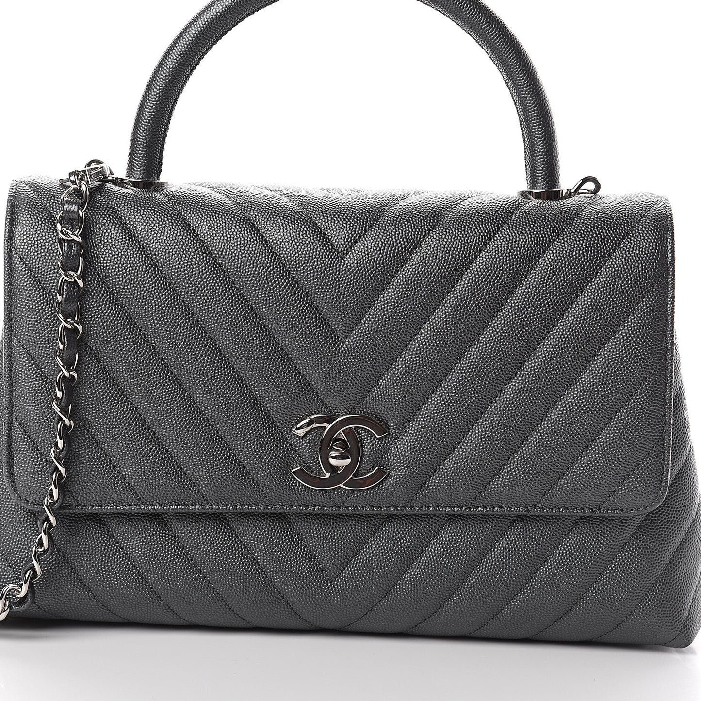 Caviar Chevron Quilted Small Coco Handle Flap Dark Grey