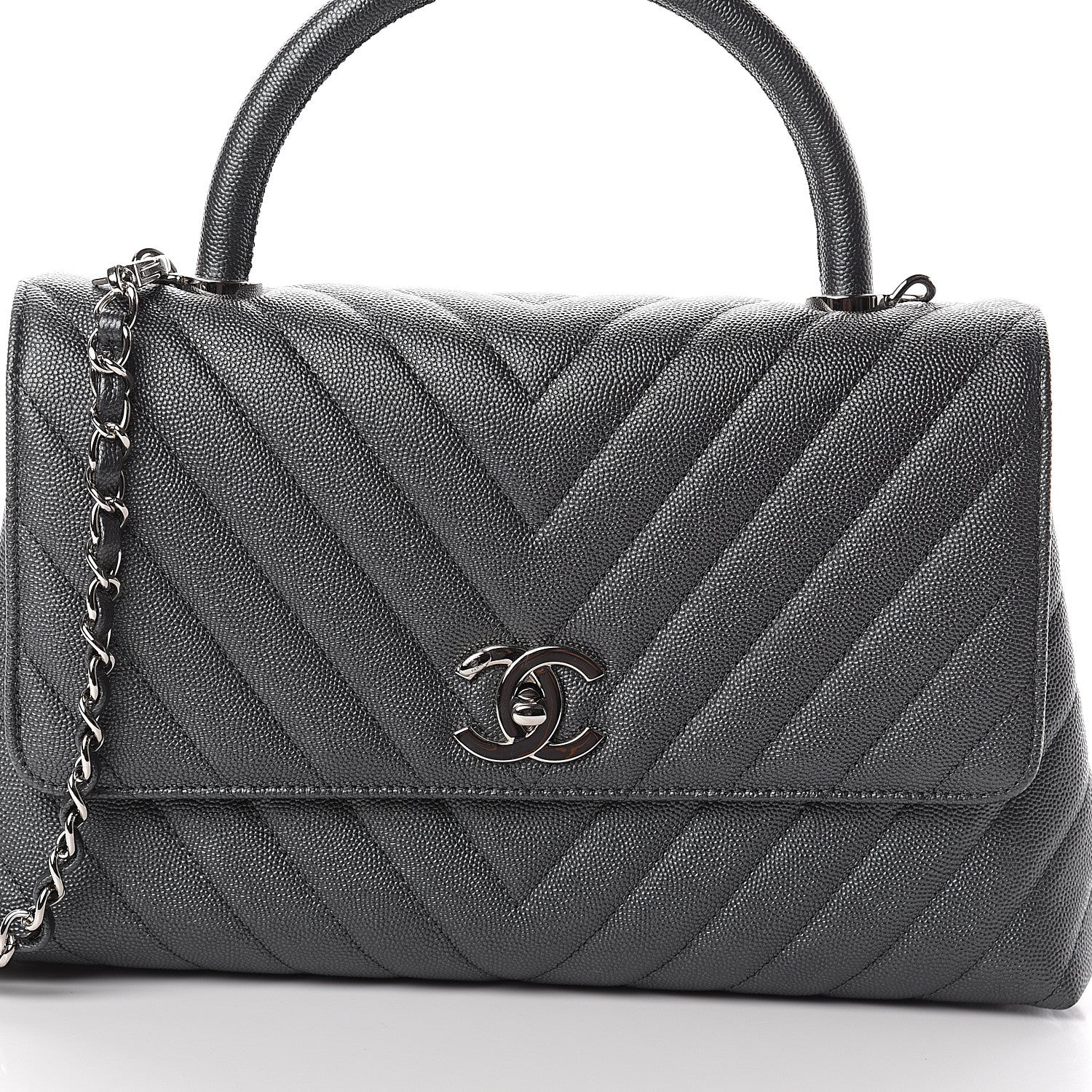 Chanel Caviar Chevron Quilted Small Coco Handle Flap Dark Grey 7 of 9
