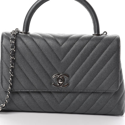Chanel Caviar Chevron Quilted Small Coco Handle Flap Dark Grey 7 of 9