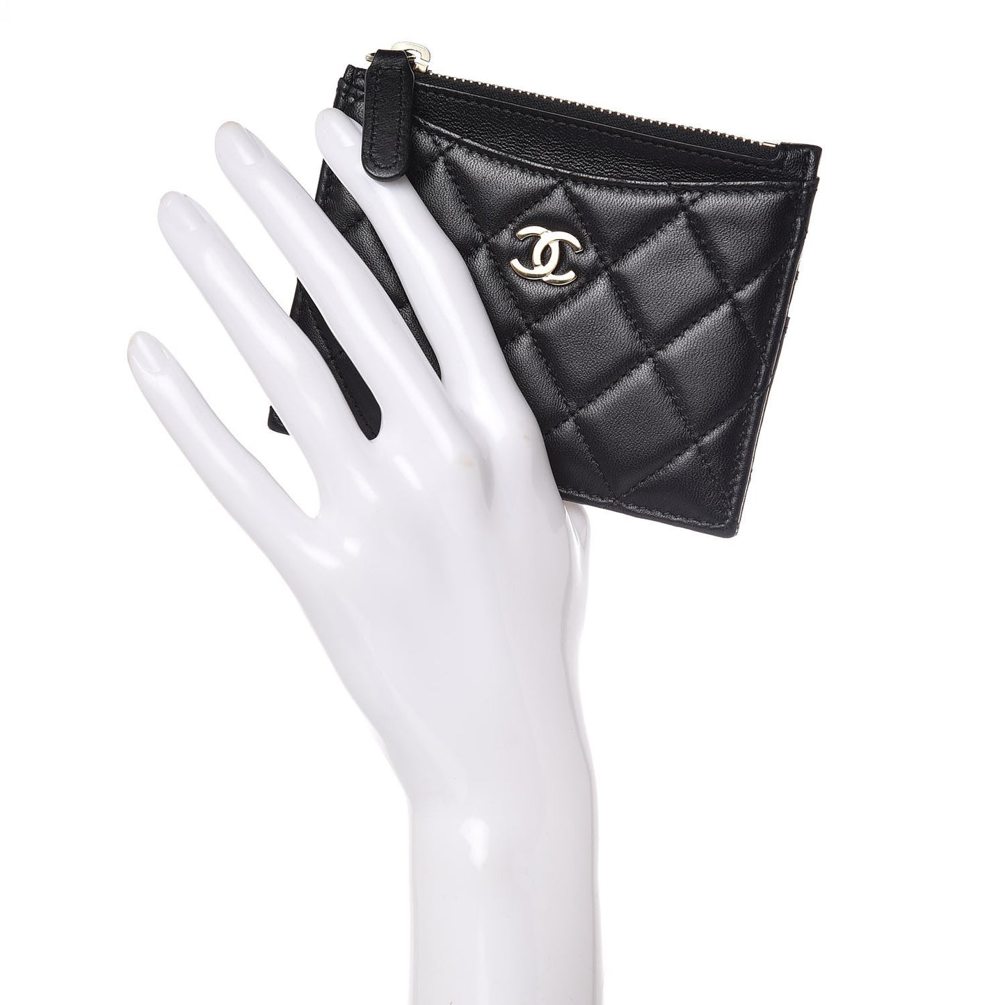 Lambskin Quilted Zip Card Holder Black
