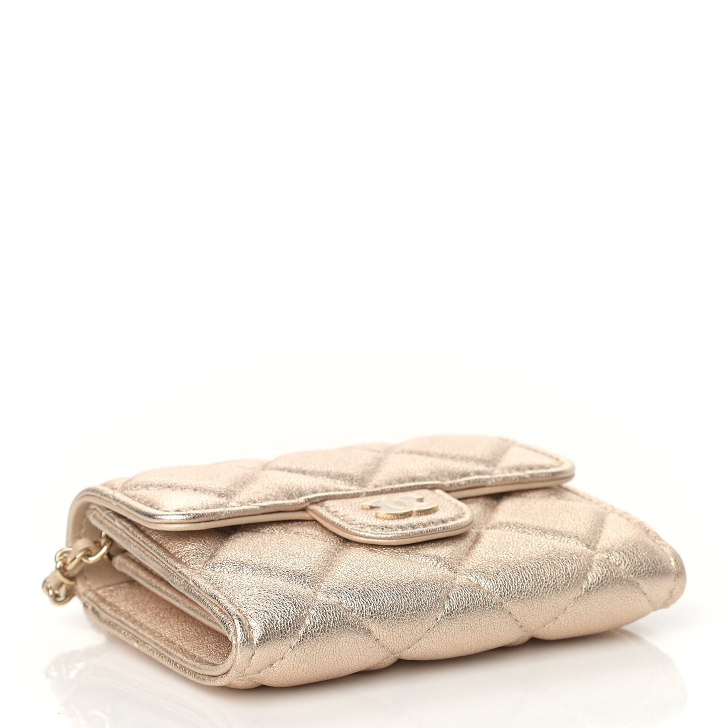 Metallic Lambskin Quilted Flap Card Holder On Chain Gold