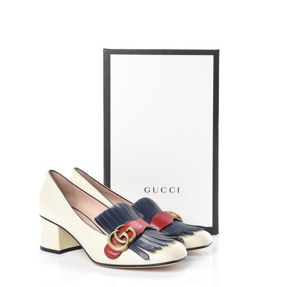 Gucci Malaga Kid GG Marmont Fringe 50mm Loafer Pumps 39 Vintage White Blue Ink Hibiscus Red 10 of 10