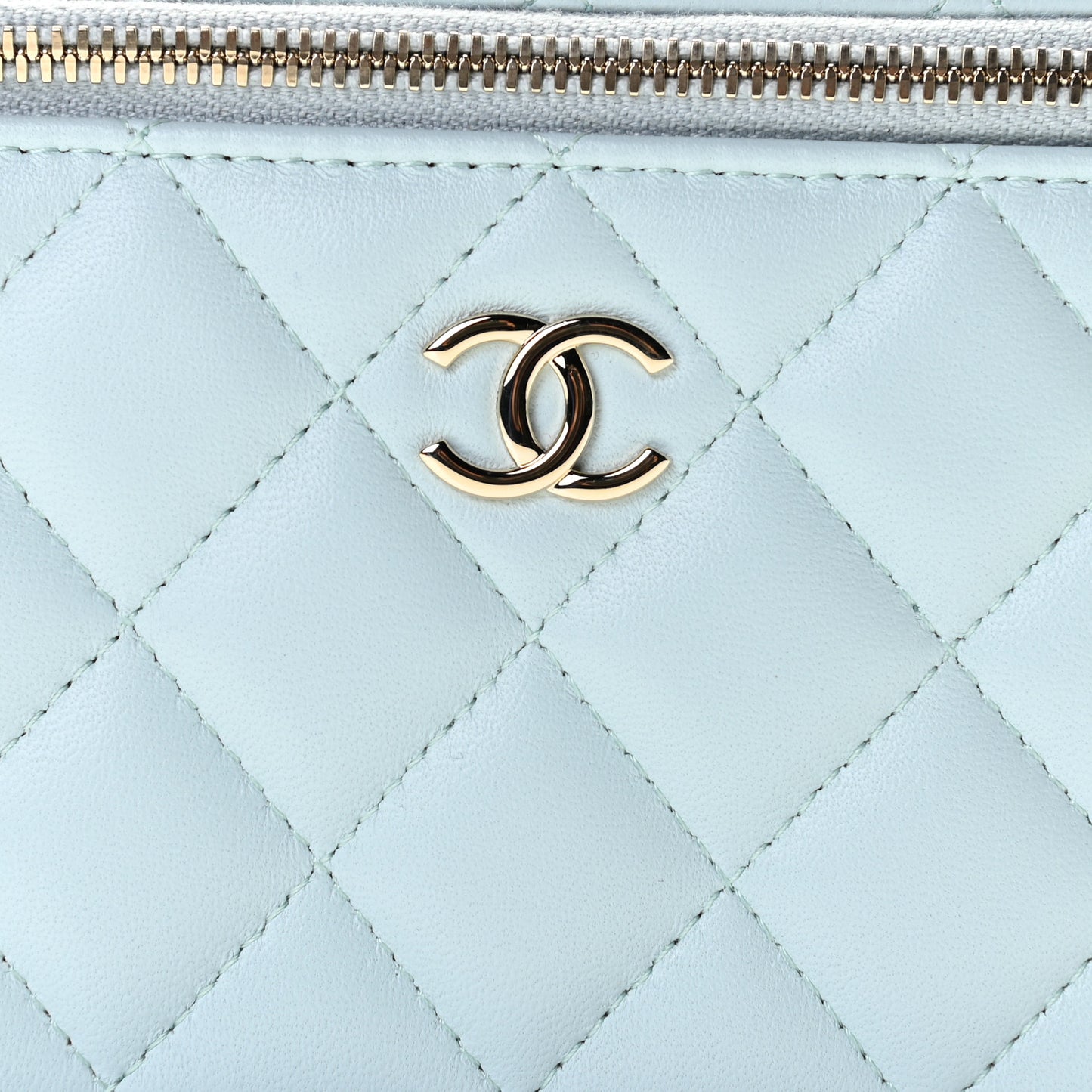 Lambskin Quilted Small Top Handle Vanity Case With Chain Light Blue
