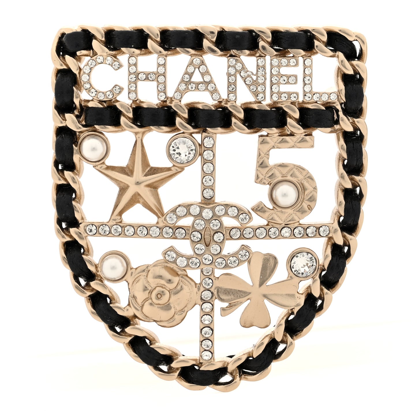 Lambskin Pearl Strass Sergeant Chanel Shield Brooch Gold