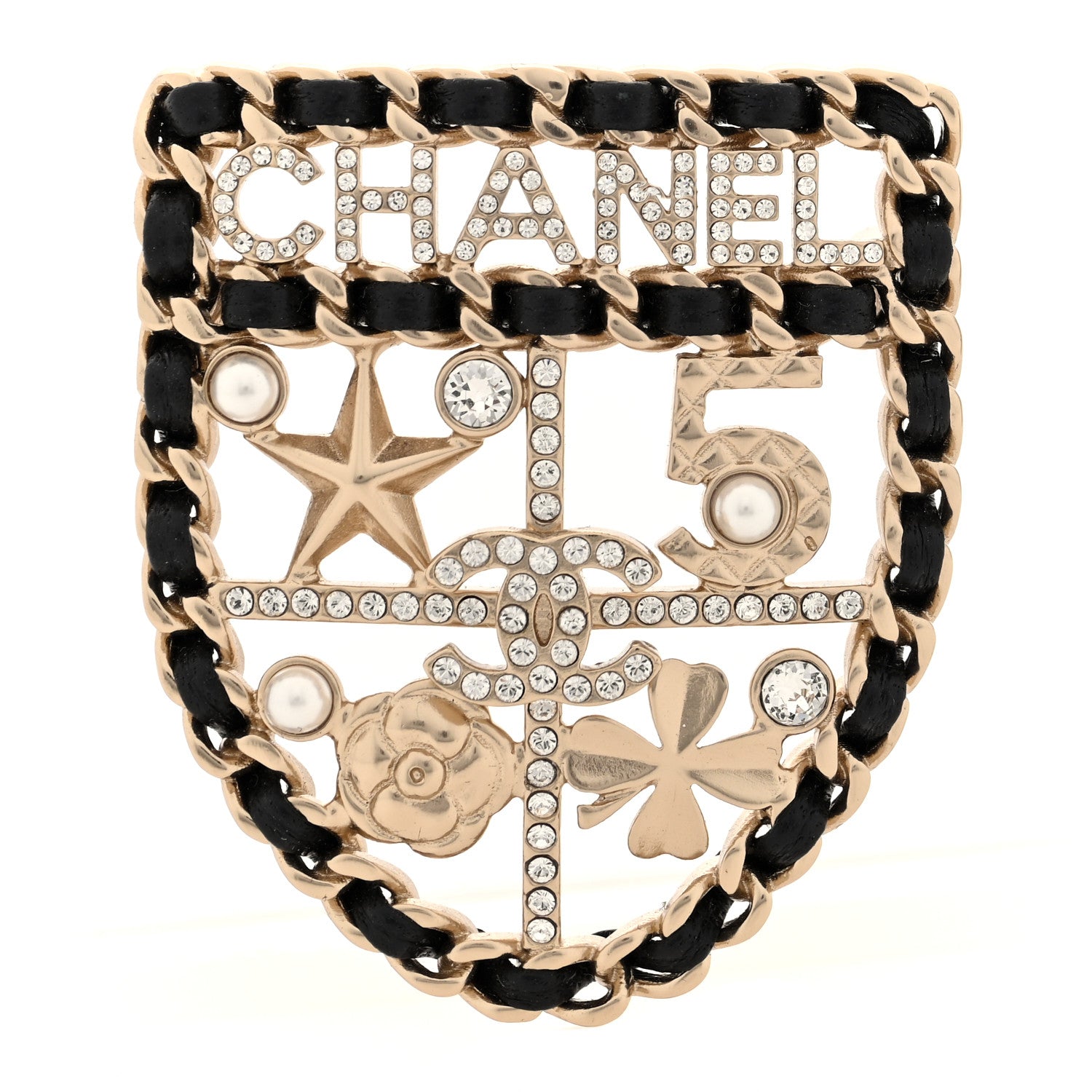 Chanel Lambskin Pearl Strass Sergeant Chanel Shield Brooch Gold 1 of 4