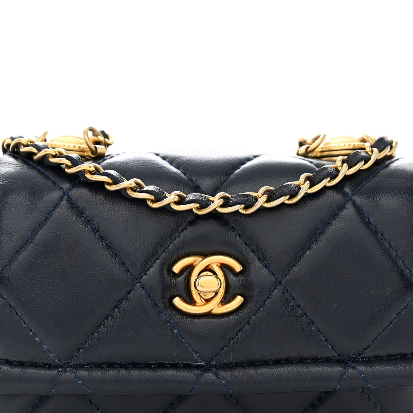 Shiny Lambskin Quilted Extra Mini Flap Navy Blue