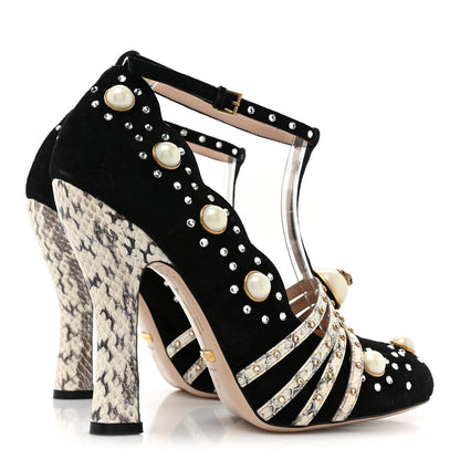 Gucci Suede Snakeskin Pearl Studded Ofelia Pumps 37 Black 4 of 11