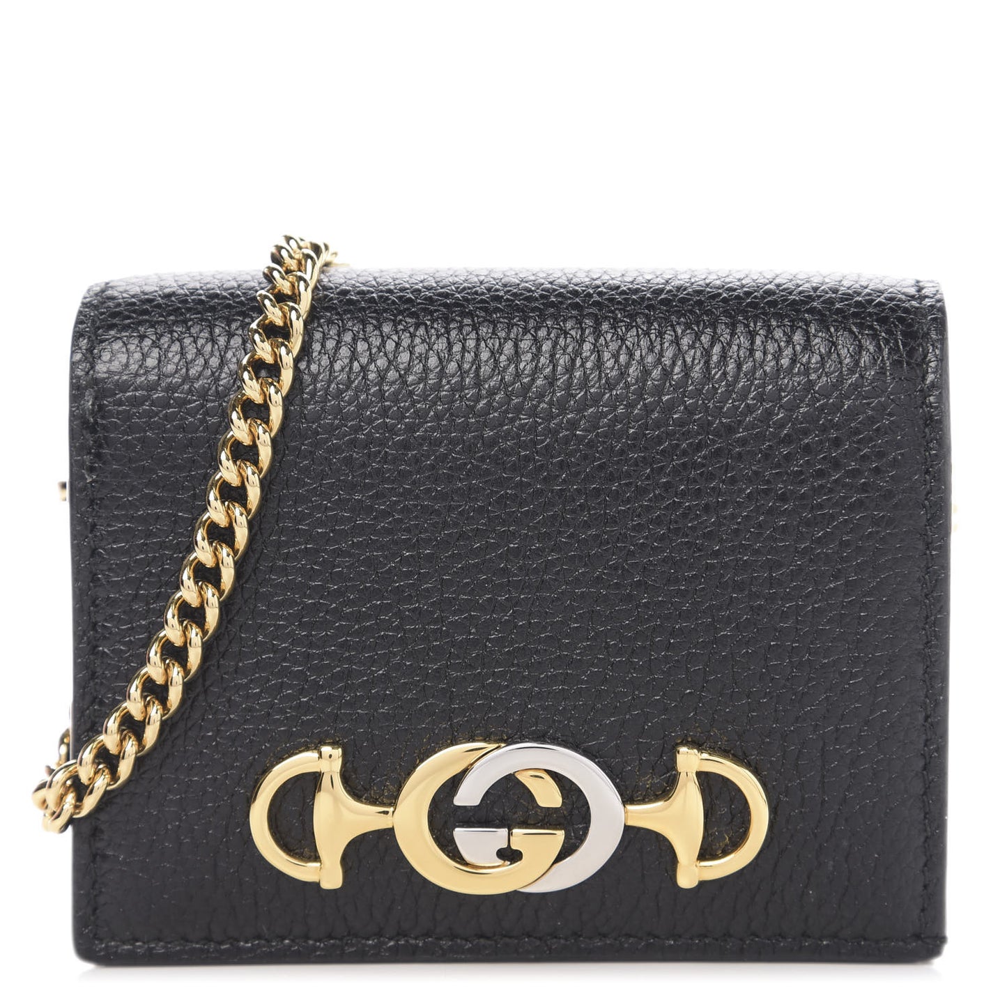 Grainy Calfskin Zumi Chain Card Case Wallet Black