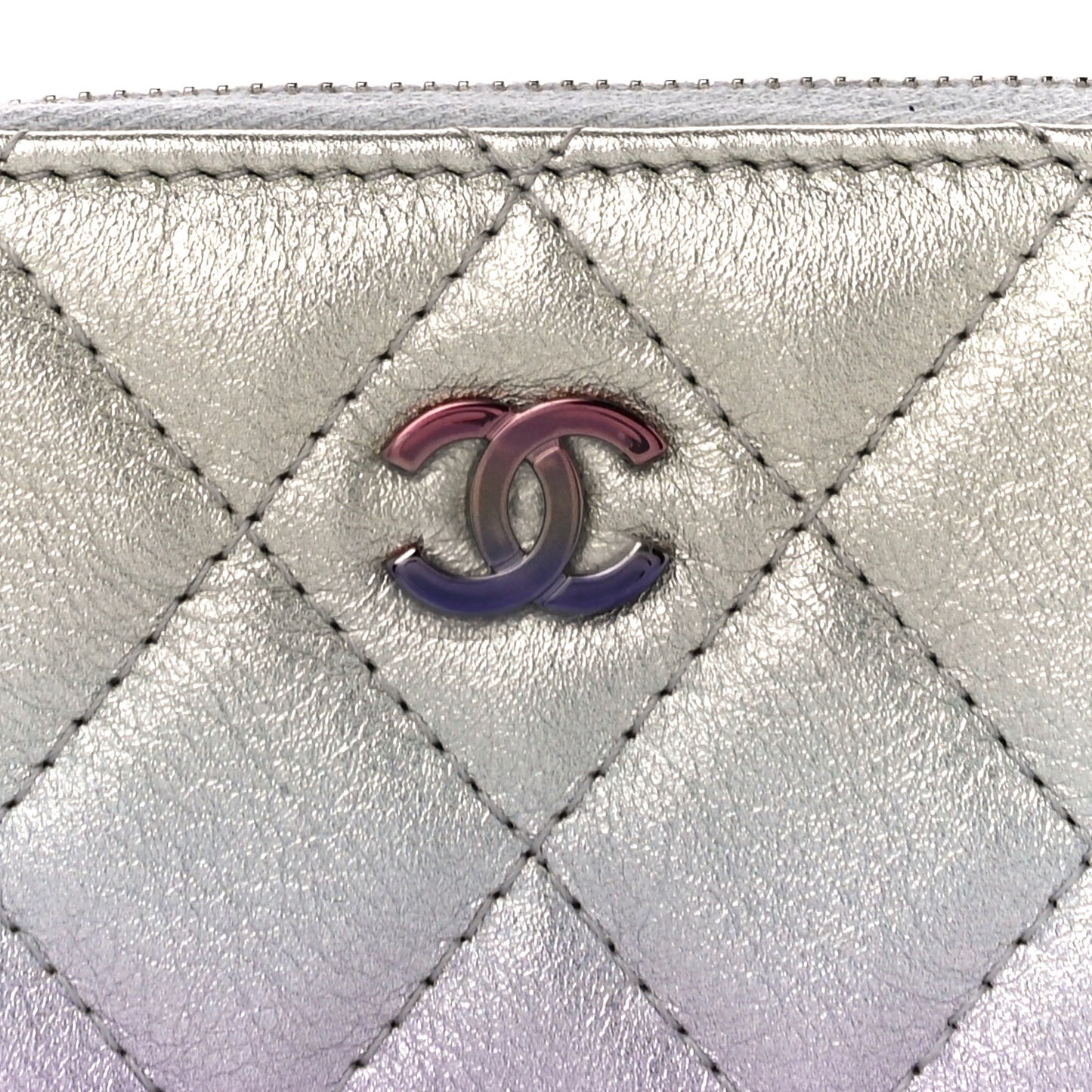 Gradient Metallic Calfskin Quilted Zip Around Coin Purse Wallet Silver Blue Yellow Purple