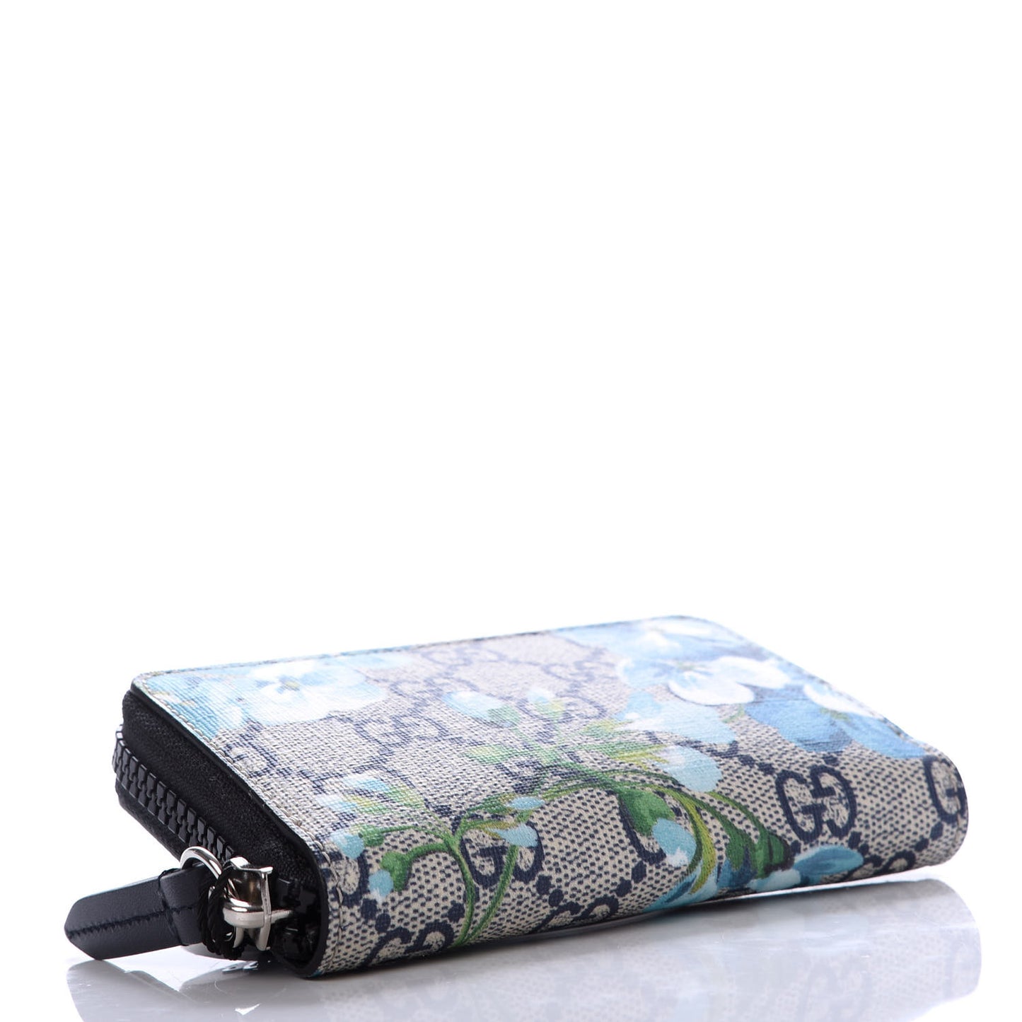 GG Supreme Monogram Blooms Zip Around Card Case Wallet Beige Blue Navy