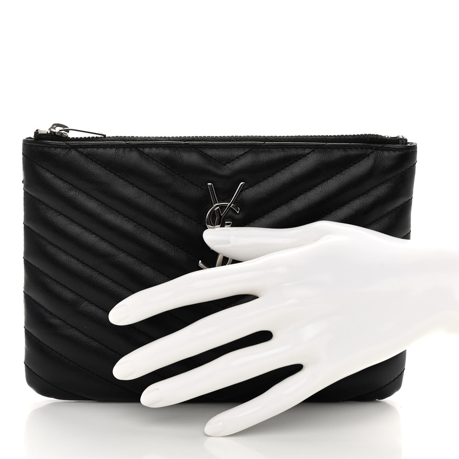 Saint Laurent Calfskin Matelasse Chevron Monogram Pouch Black 2 of 8