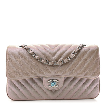 Chanel Metallic Caviar Chevron Quilted Medium Double Flap Light Gold 1 of 11