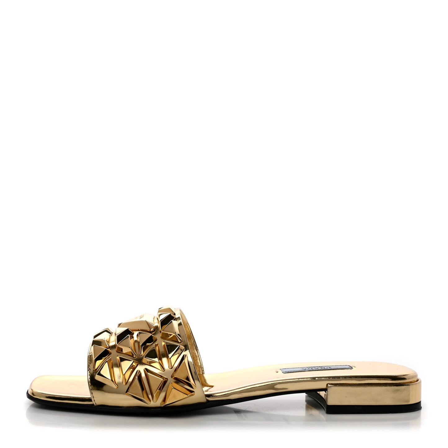 Metallic Calfskin Metal Studded Triangle Logo 10mm Slide Sandals 38.5 Platino