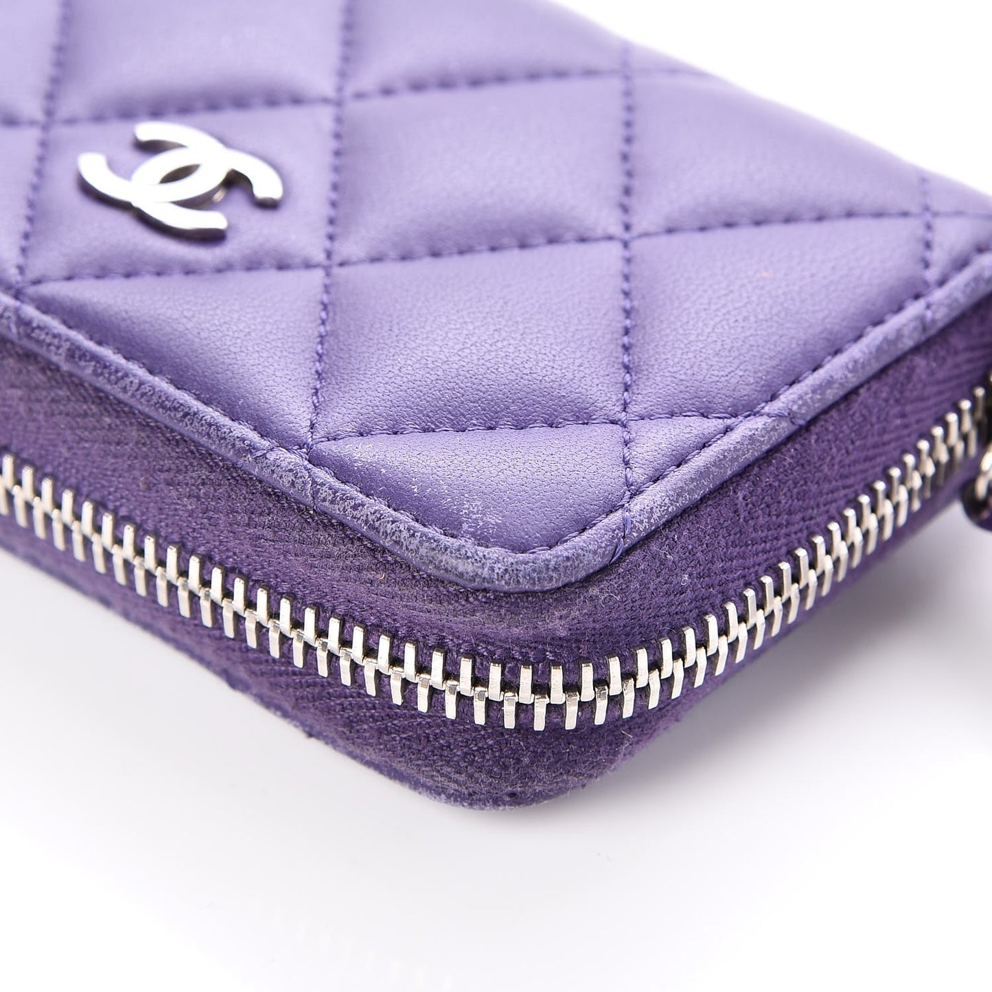Lambskin Quilted Zip Around Coin Purse Wallet Purple