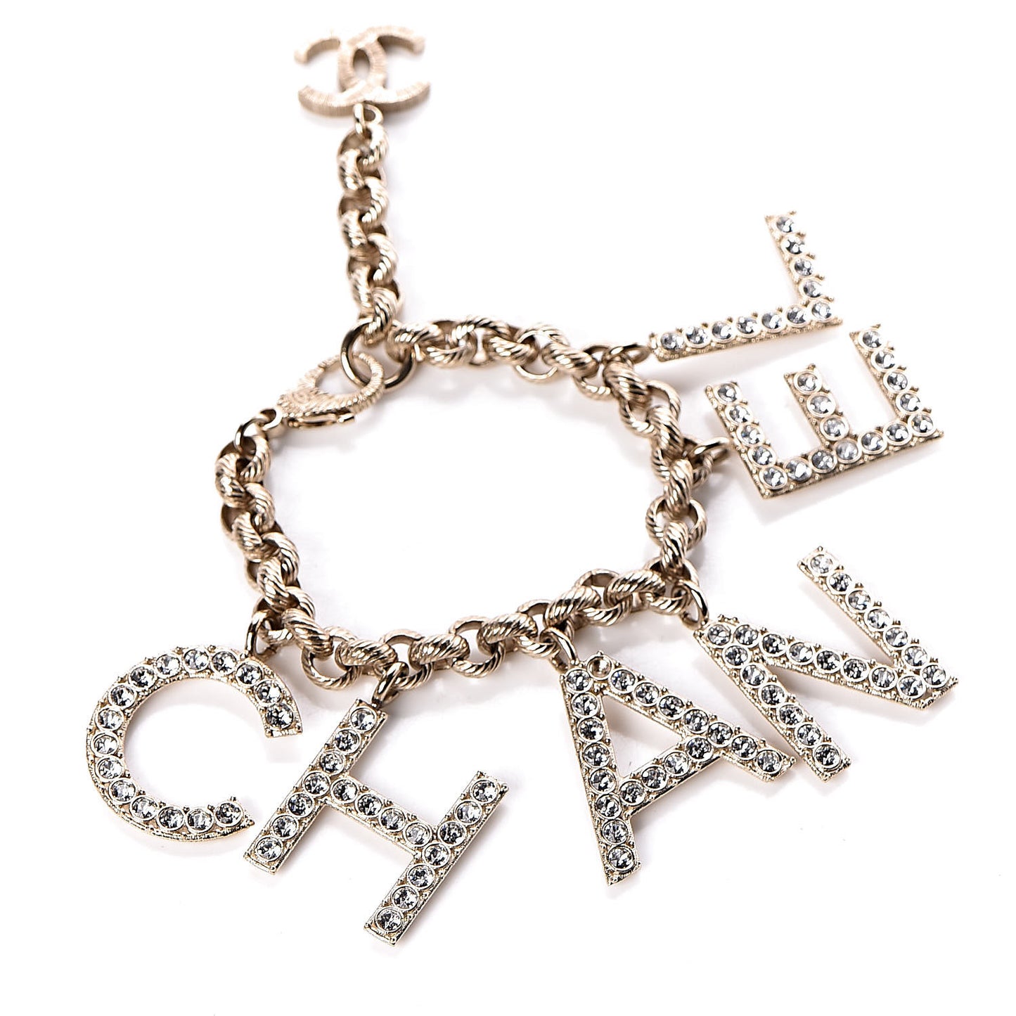 Metal Crystal Cha-Nel Logo Charm Bracelet Gold