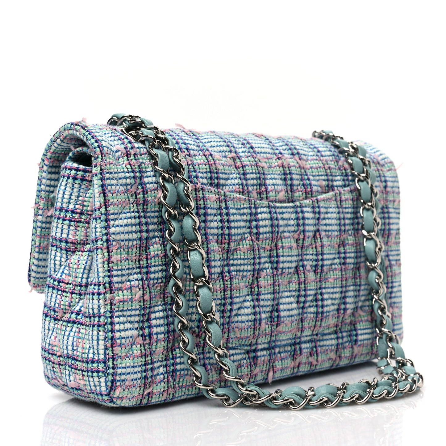 Tweed Quilted Medium Double Flap Blue White Pink Green