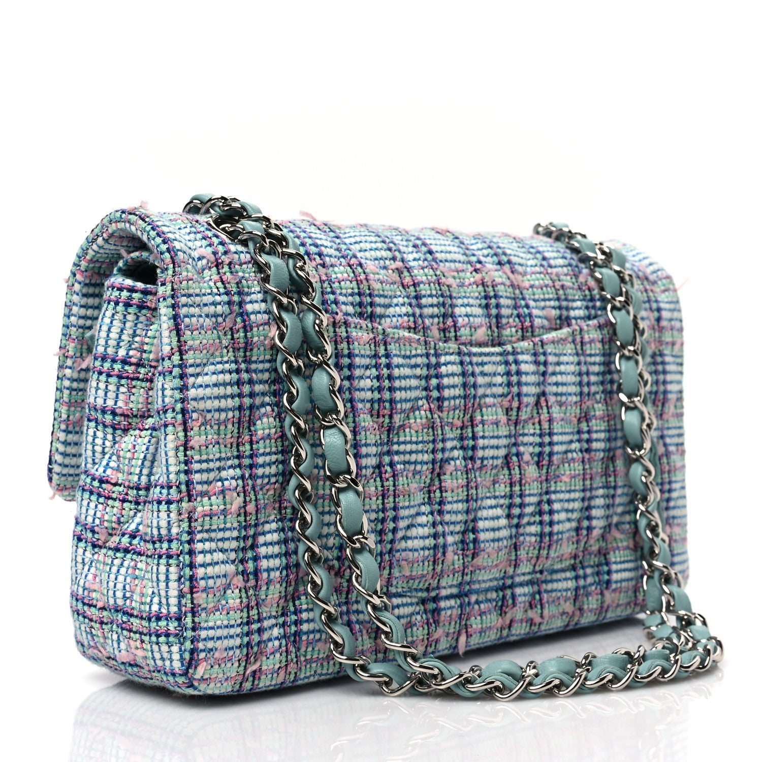 Chanel Tweed Quilted Medium Double Flap Blue White Pink Green 2 of 7