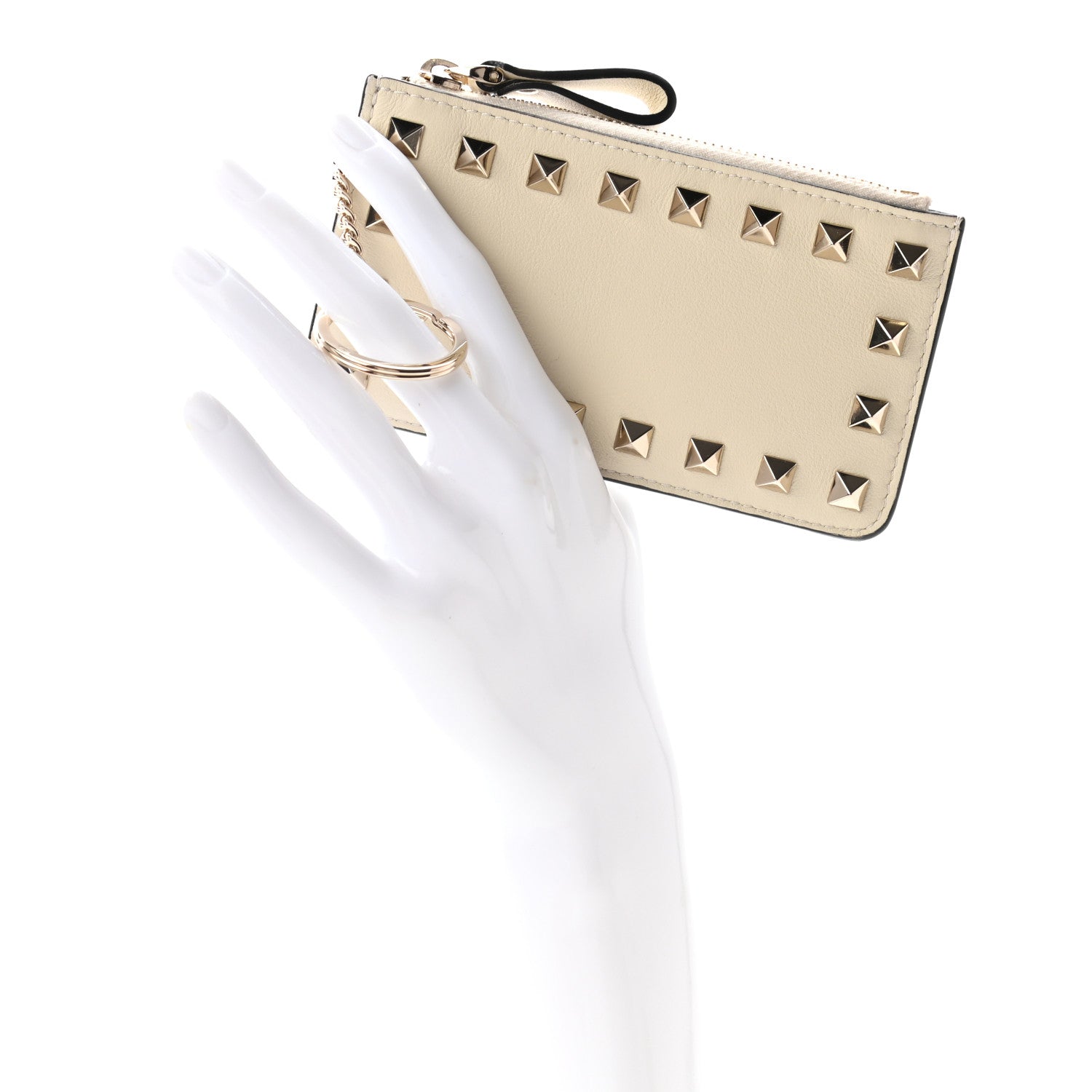 Valentino Garavani Vitello Rockstud Key Coin Case Card Holder Cream 2 of 8