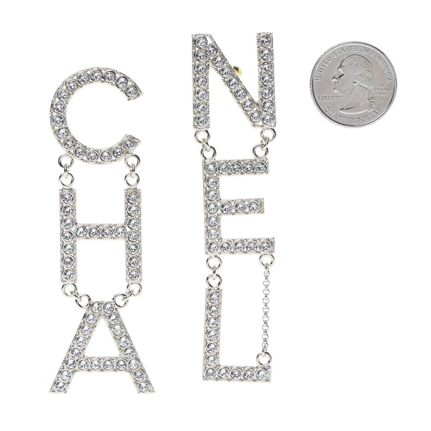 Chanel Crystal Cha-Nel Logo Drop Earrings Gold 2 of 5