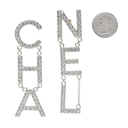 Chanel Crystal Cha-Nel Logo Drop Earrings Gold 2 of 5
