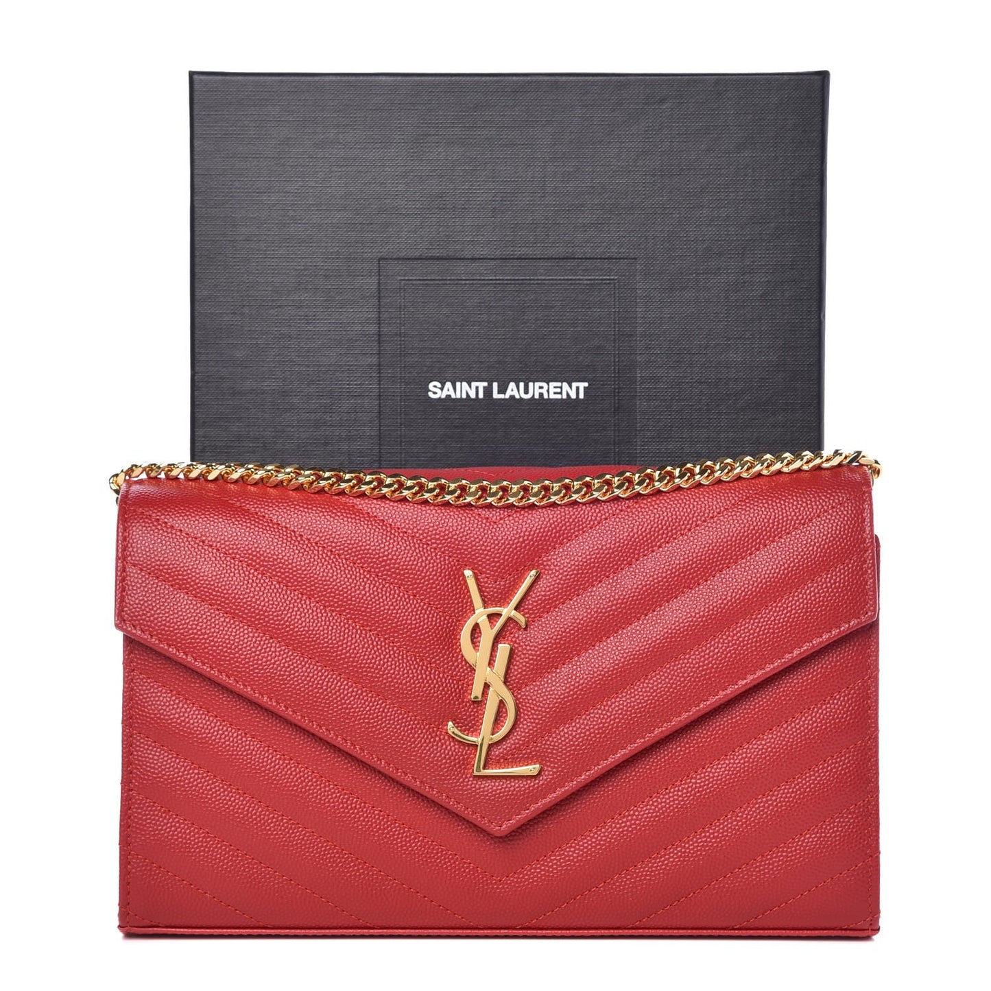 Grain De Poudre Matelasse Chevron Monogram Chain Wallet New Red