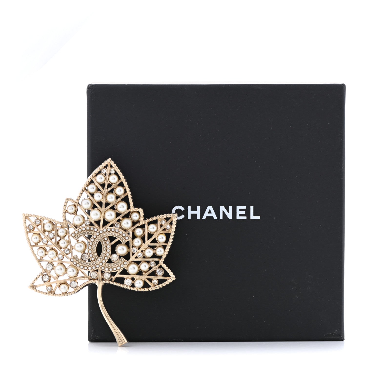 Chanel Pearl Crystal CC Leaf Brooch Gold 6 of 6