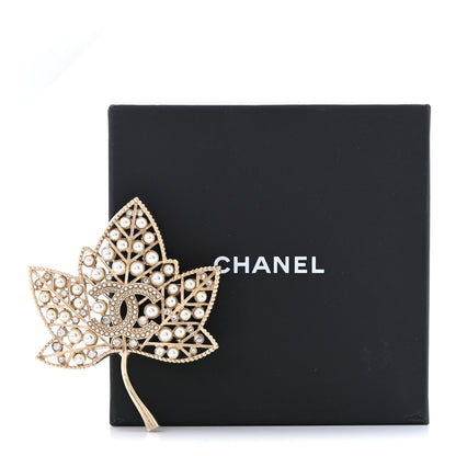 Chanel Pearl Crystal CC Leaf Brooch Gold 6 of 6