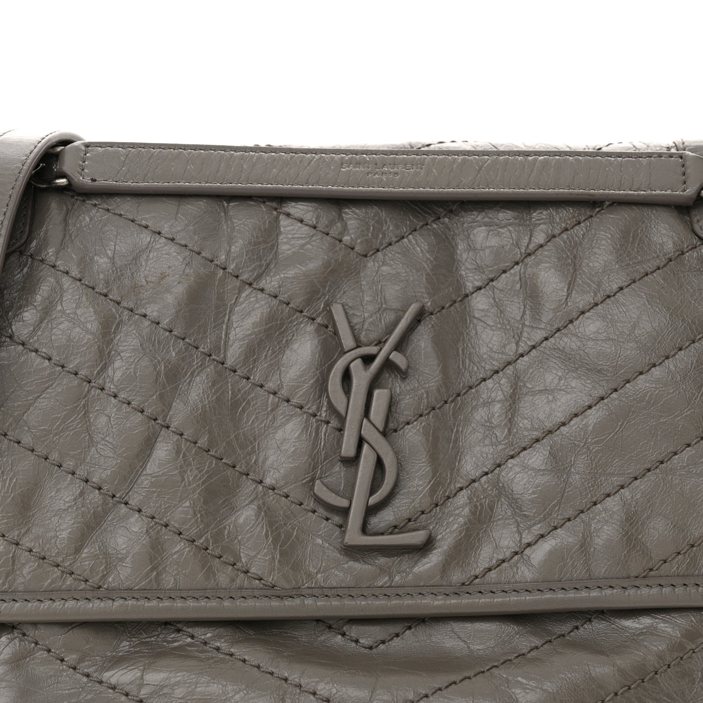 Crinkled Calfskin Matelasse Monogram Medium Niki Chain Satchel Light Gray