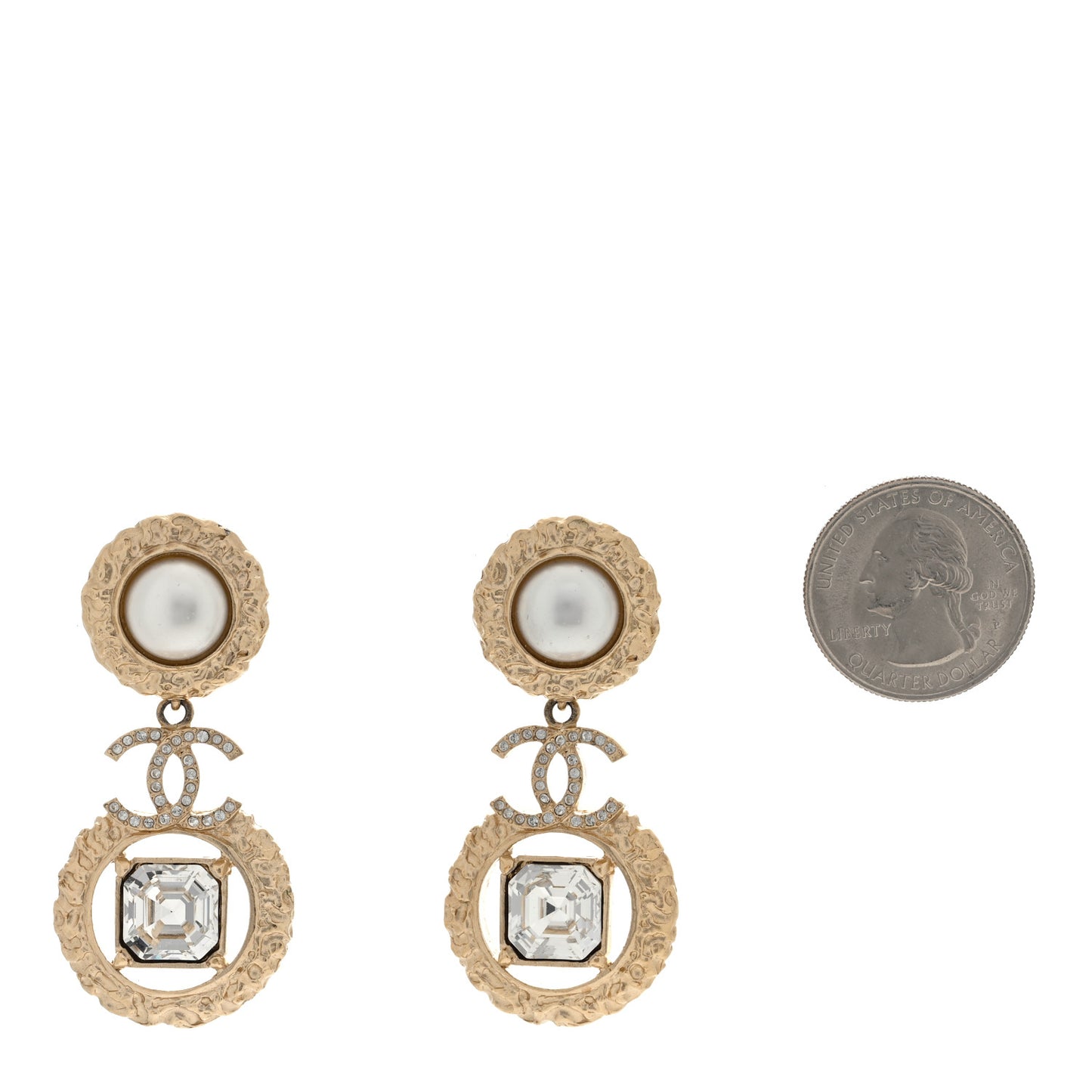 Crystal Pearl Textured CC Round Drop Earrings Gold