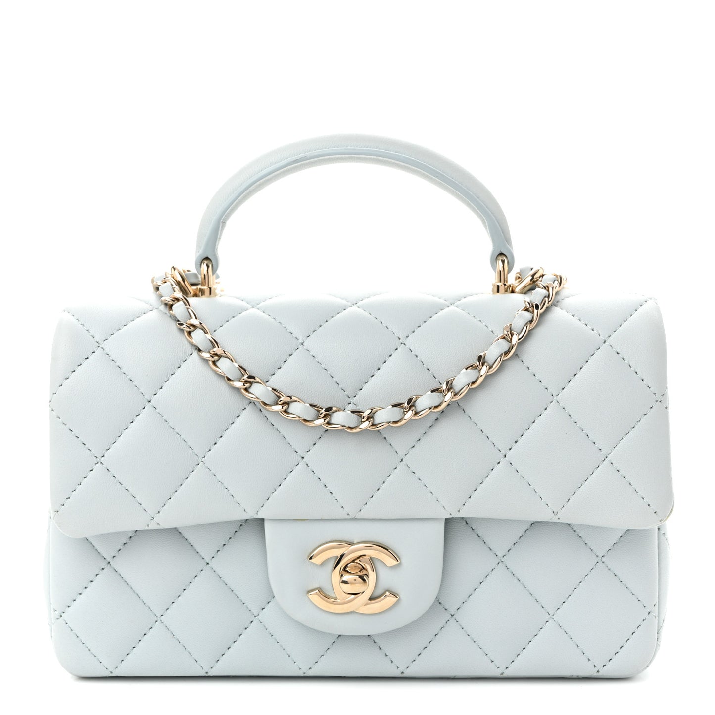 Lambskin Quilted Mini Top Handle Rectangular Flap Light Blue