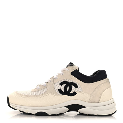 Chanel Mesh Suede Calfskin Grained Calfskin Womens CC Sneakers 41 White Black 1 of 11