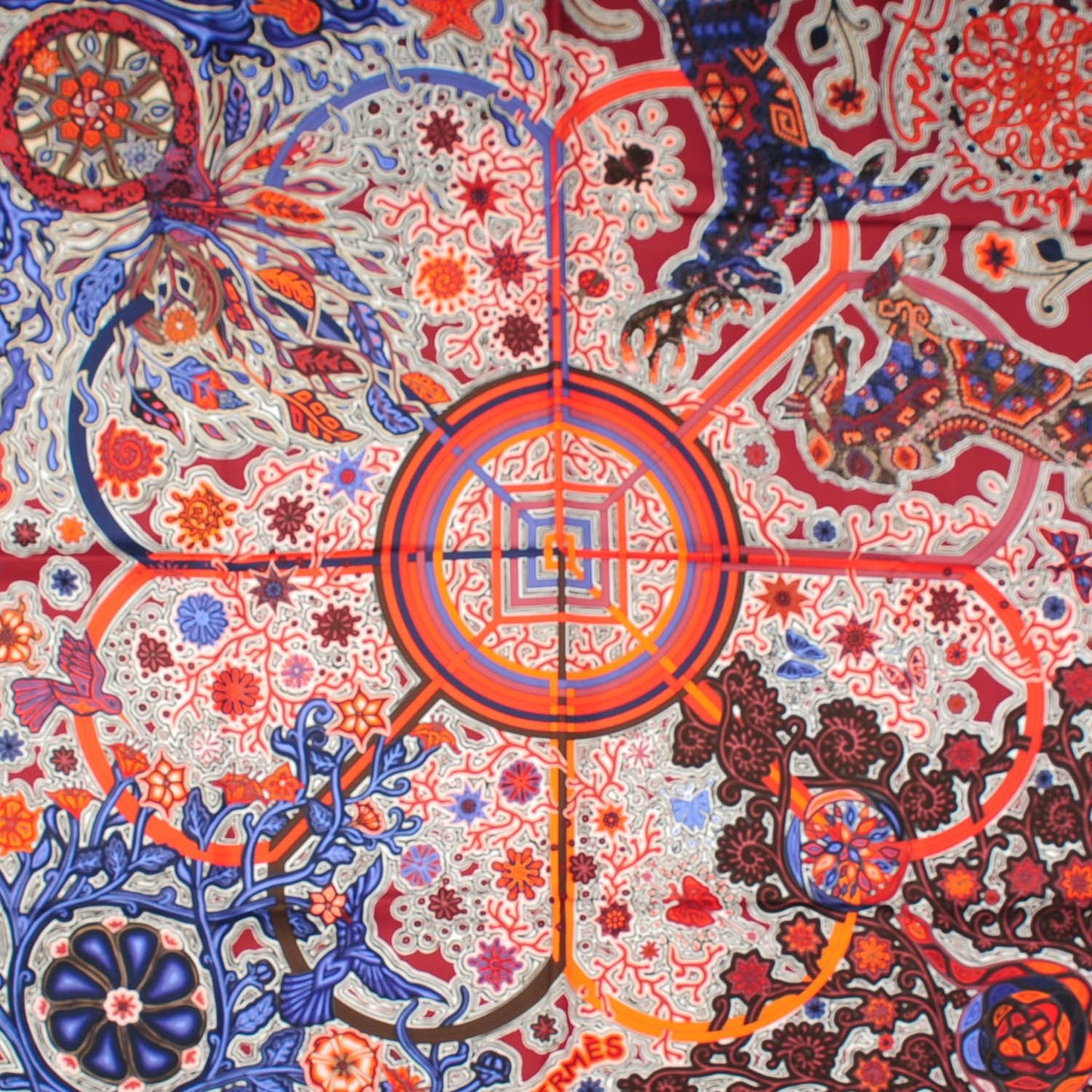 Silk L'Arbre Du Vent Scarf 90 Brique Bleu Corail