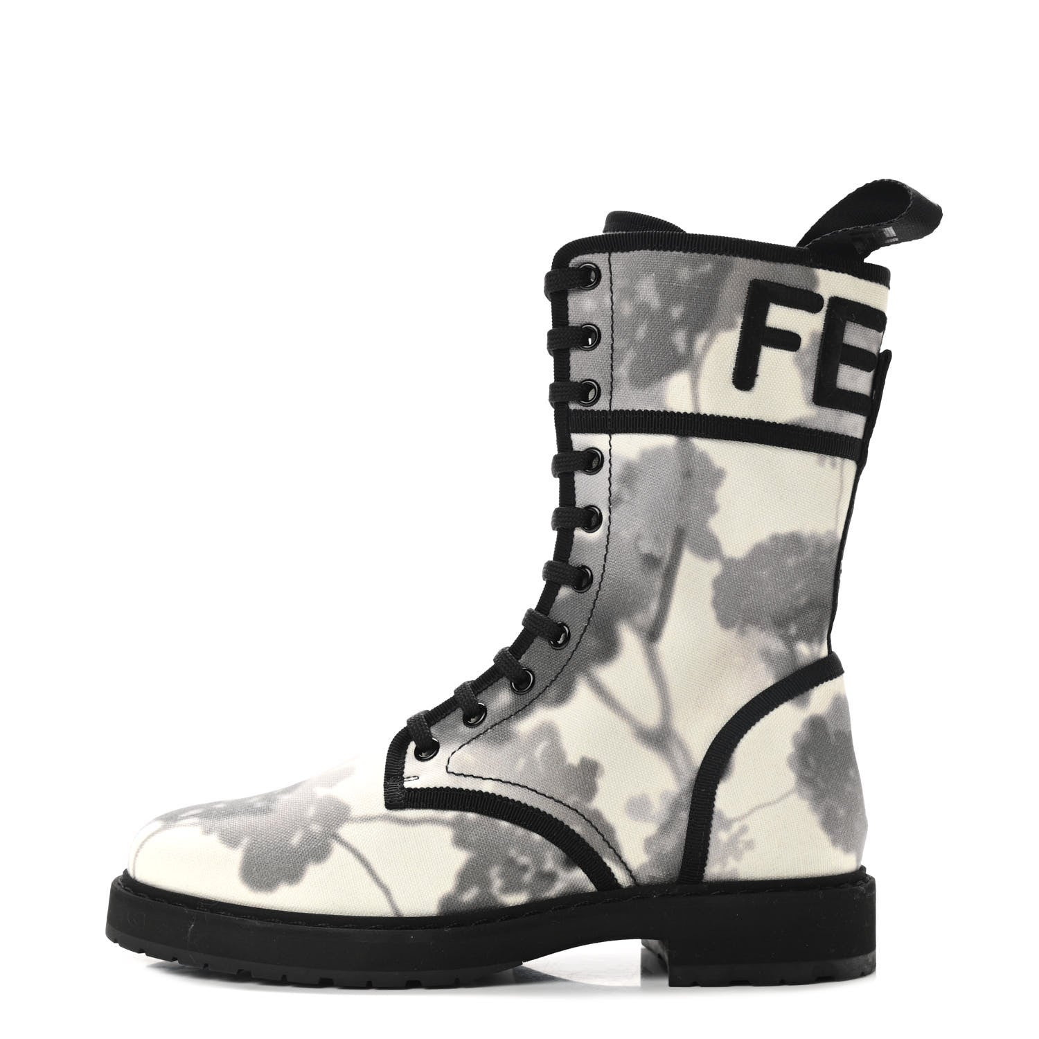 Fendi Canvas Floral Print Logo Bi-Color Womens Biker Boots 38 White Black 1 of 6
