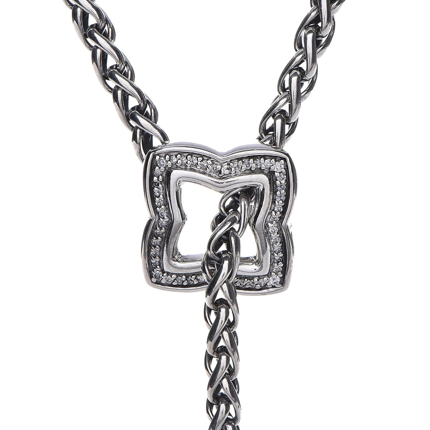 Sterling Silver Diamond Quatrefoil Lariat Wheat Chain Necklace