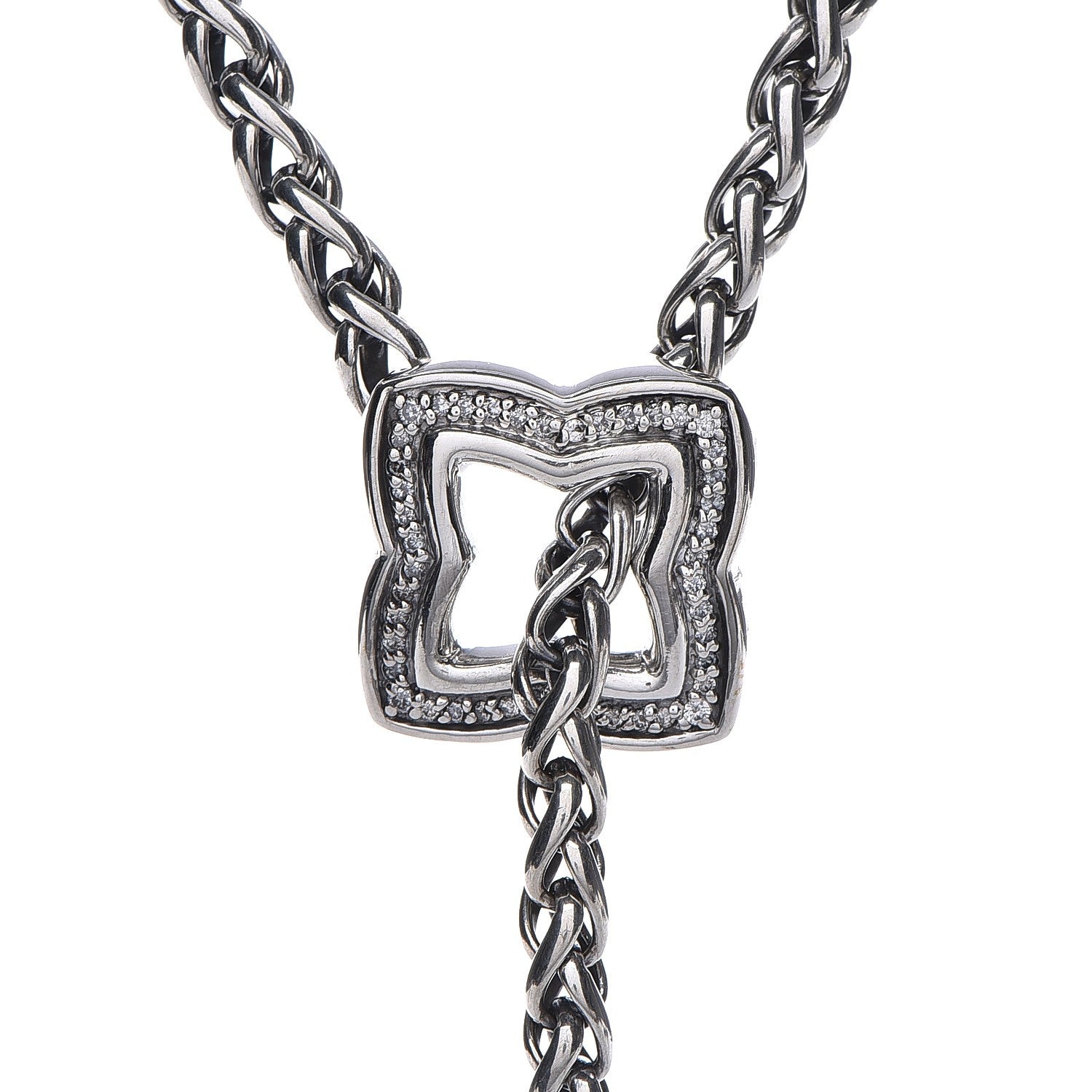 David Yurman Sterling Silver Diamond Quatrefoil Lariat Wheat Chain Necklace 5 of 8
