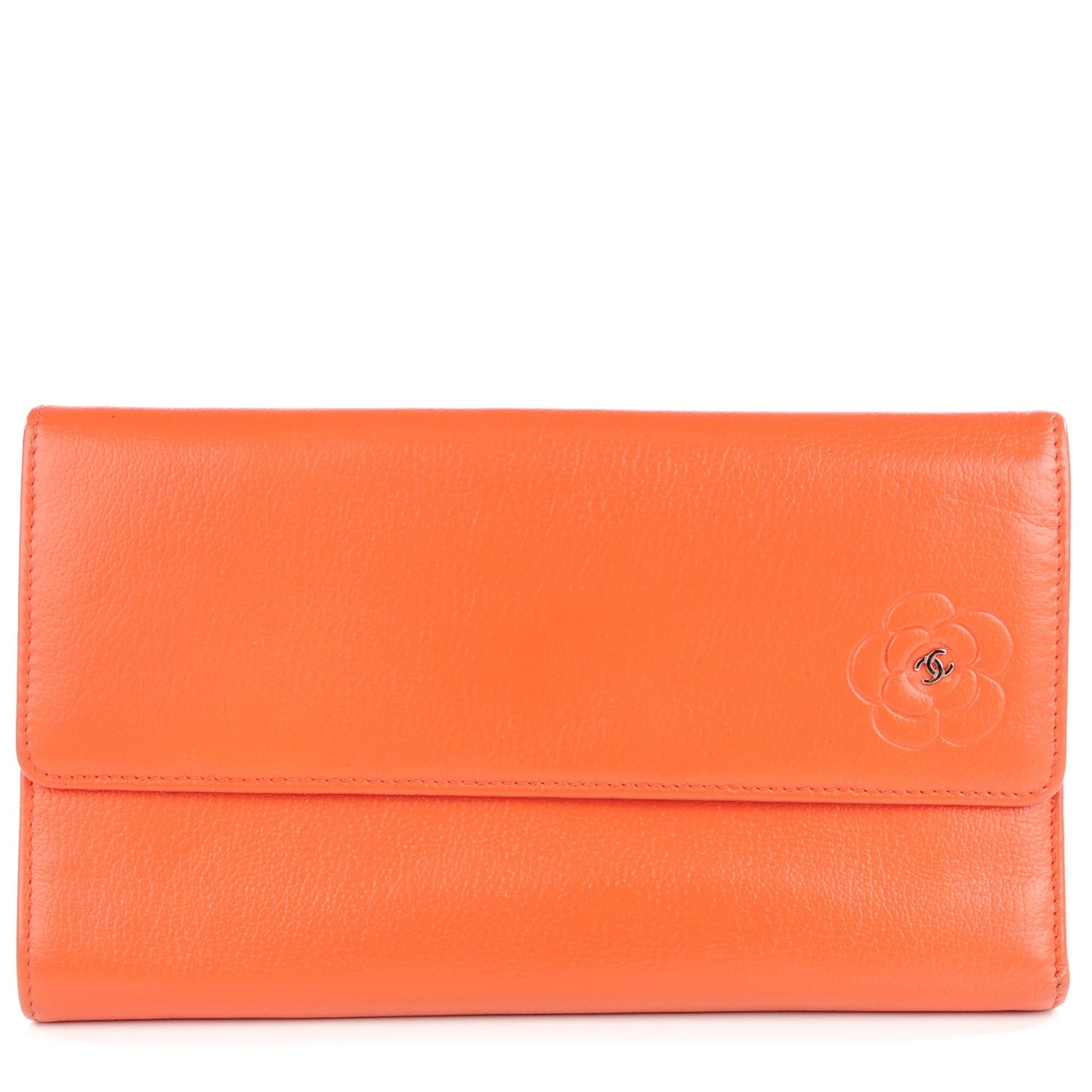 Goatskin Camellia Embossed Flap Wallet Coral