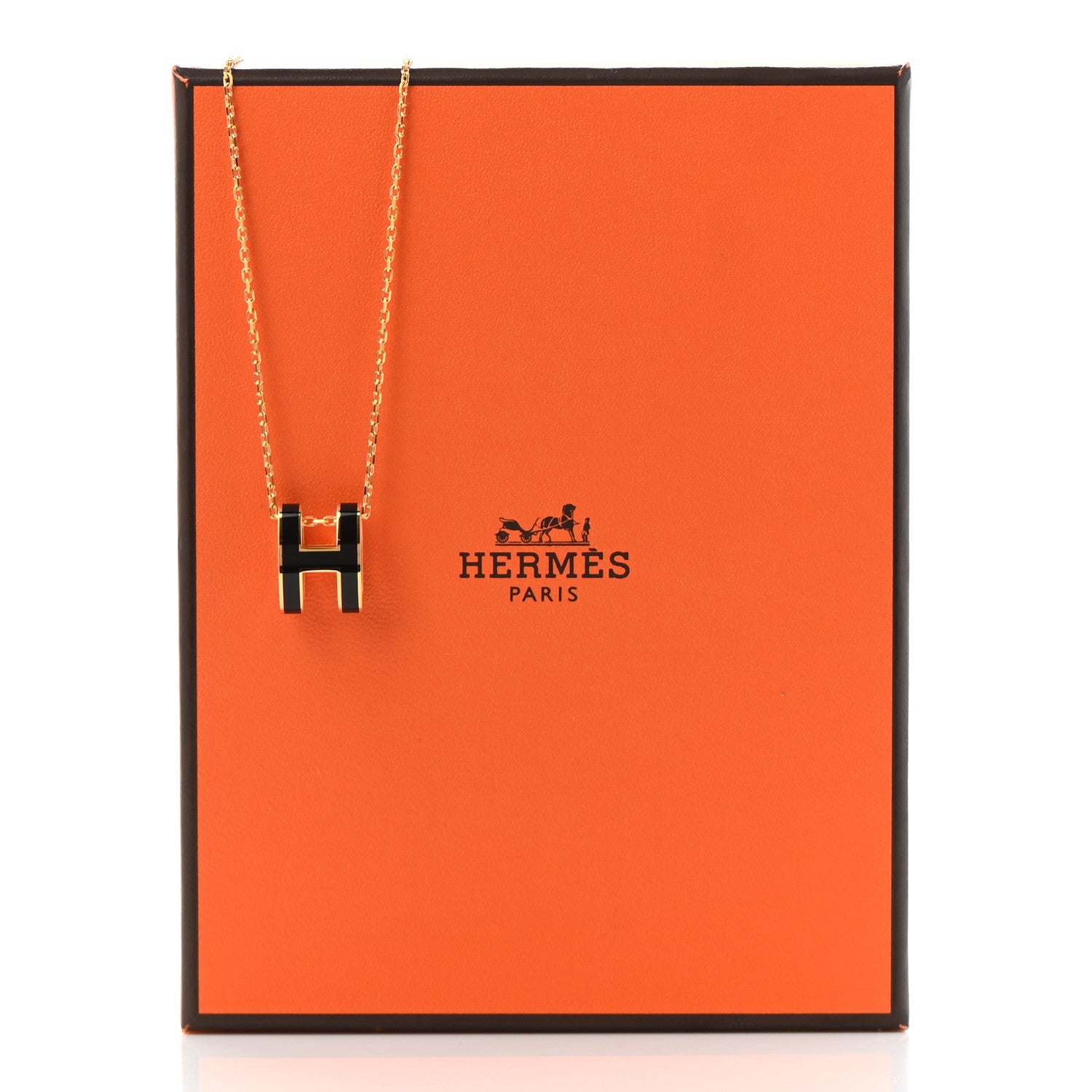 Hermes Lacquered Gold Pop H Pendant Necklace Black 7 of 7