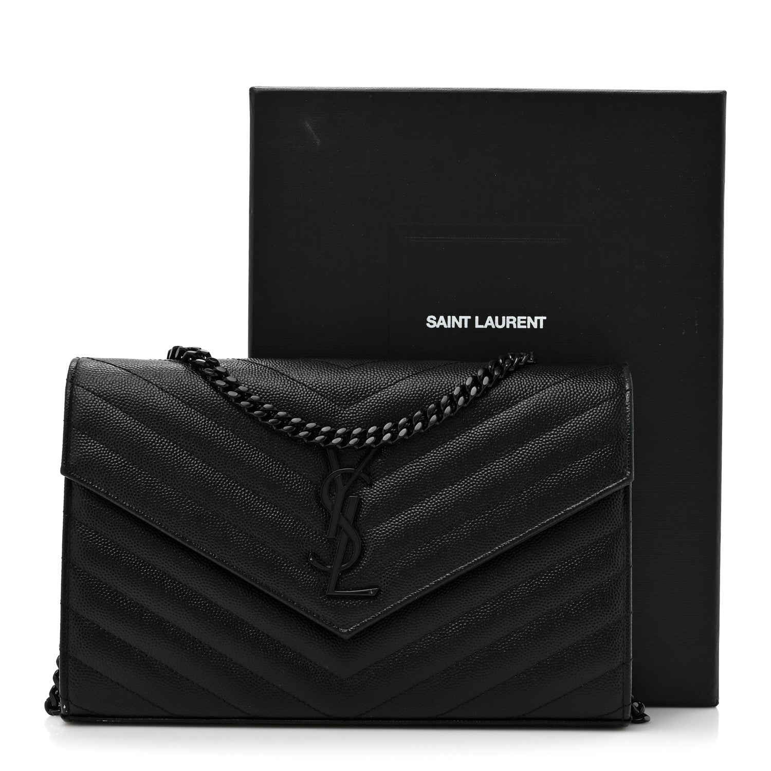Saint Laurent Grain De Poudre Matelasse Chevron Monogram Monochrome Chain Wallet Black 15 of 15