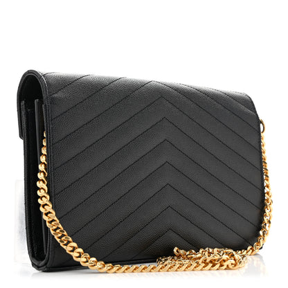 Saint Laurent Grain De Poudre Matelasse Chevron Monogram Chain Wallet Black 3 of 13