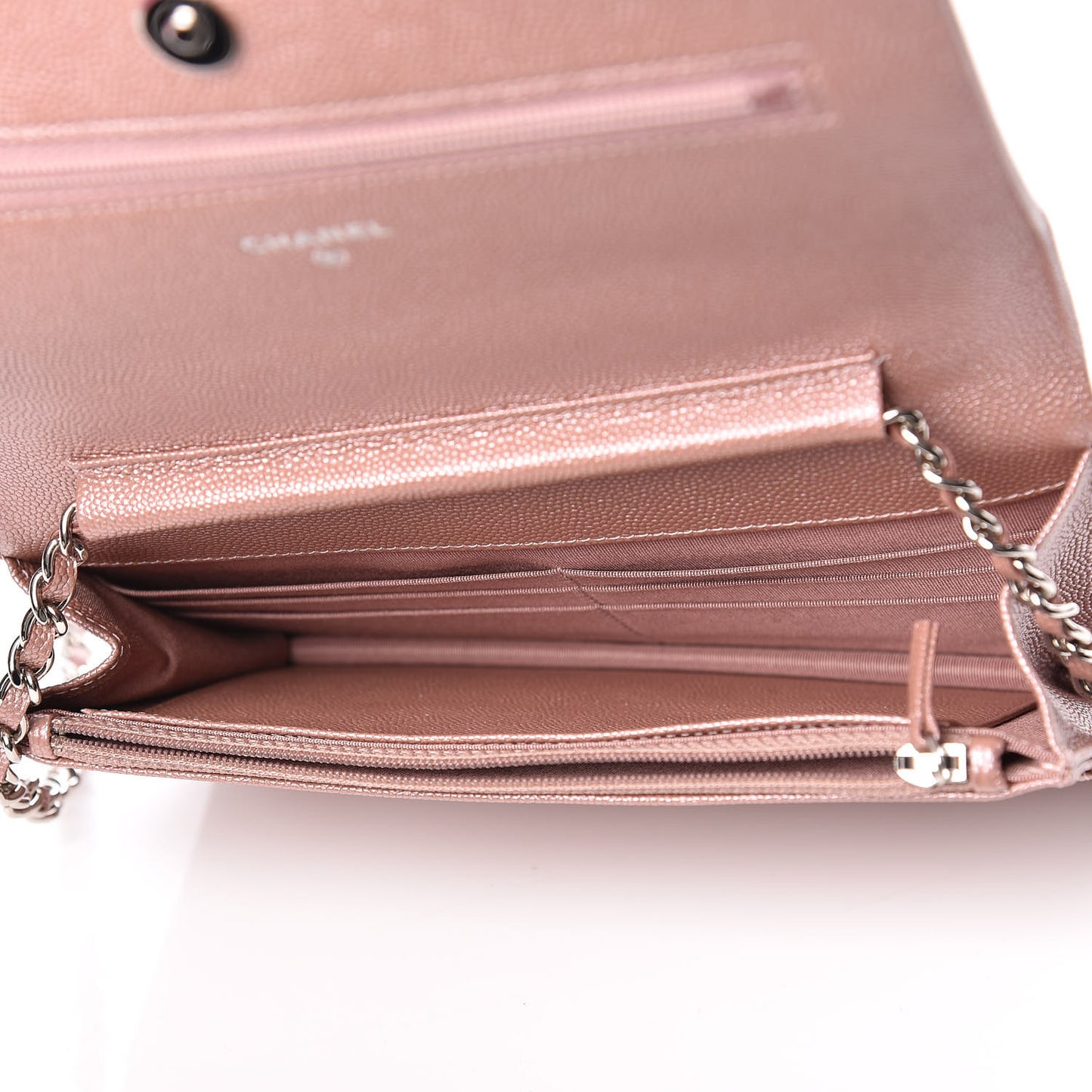 Metallic Caviar Chevron Quilted Vintage Mademoiselle Wallet On Chain WOC Pink