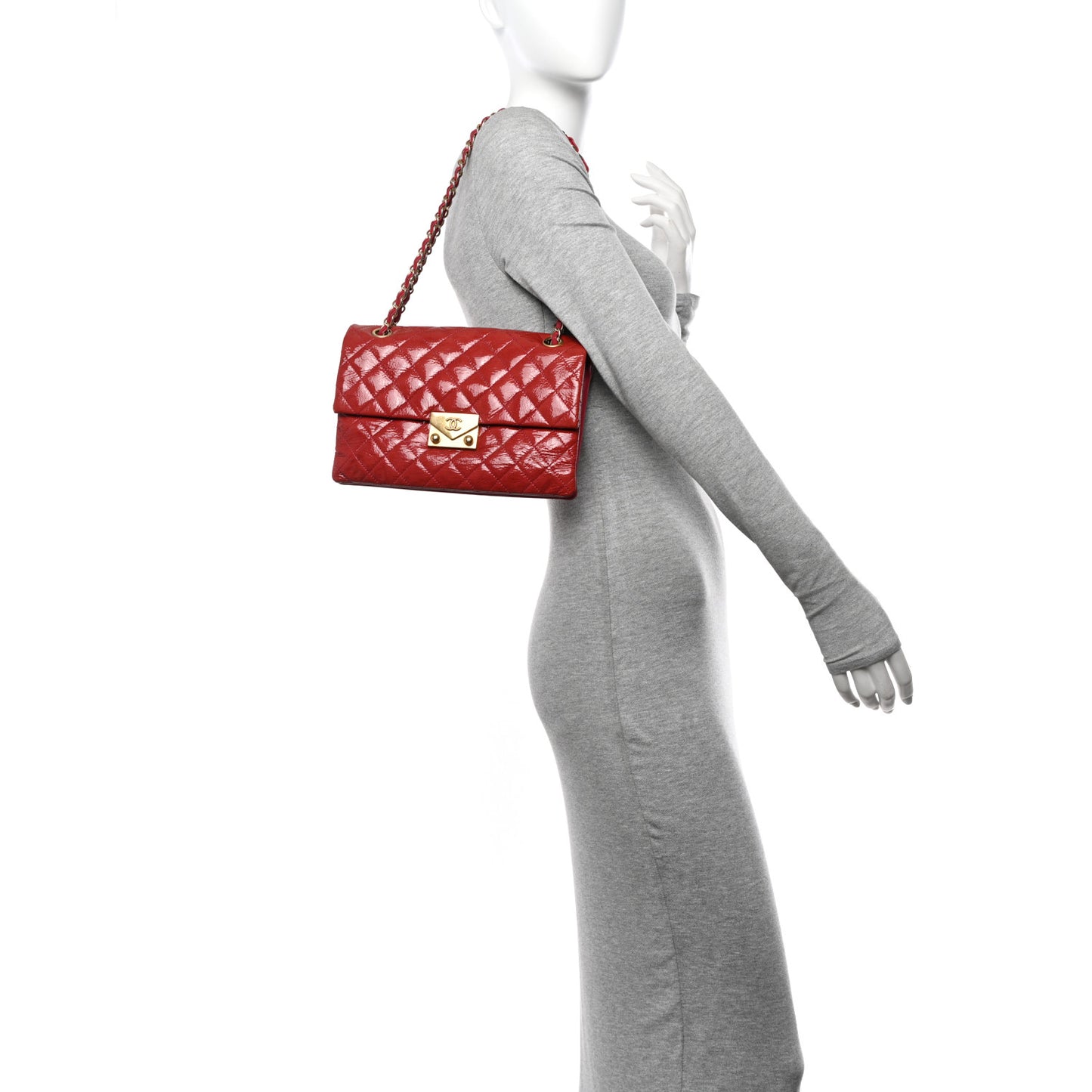 Patent Goatskin Quilted Small 3 Pocket Accordion Flap Red