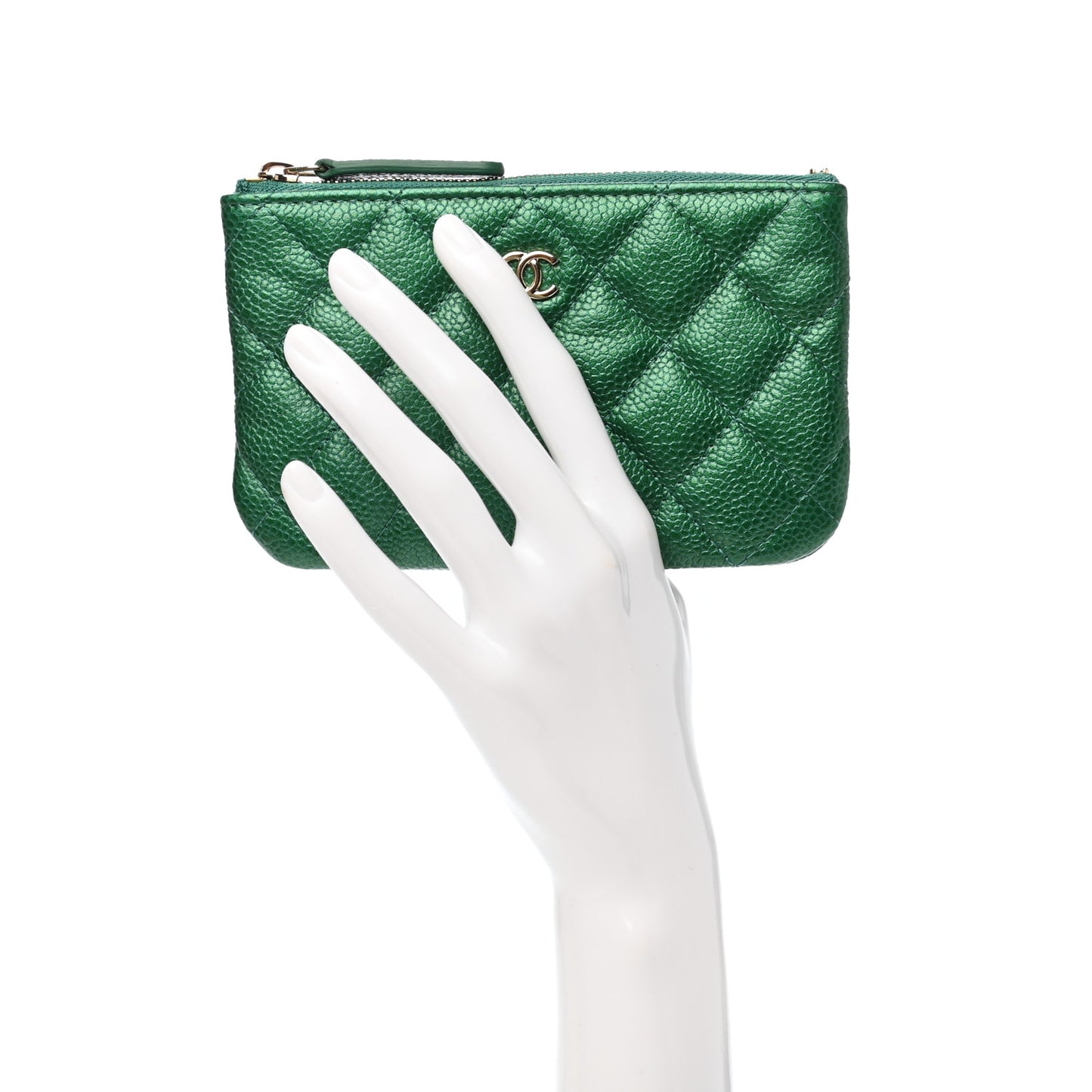 Metallic Caviar Quilted Small Cosmetic Case Green