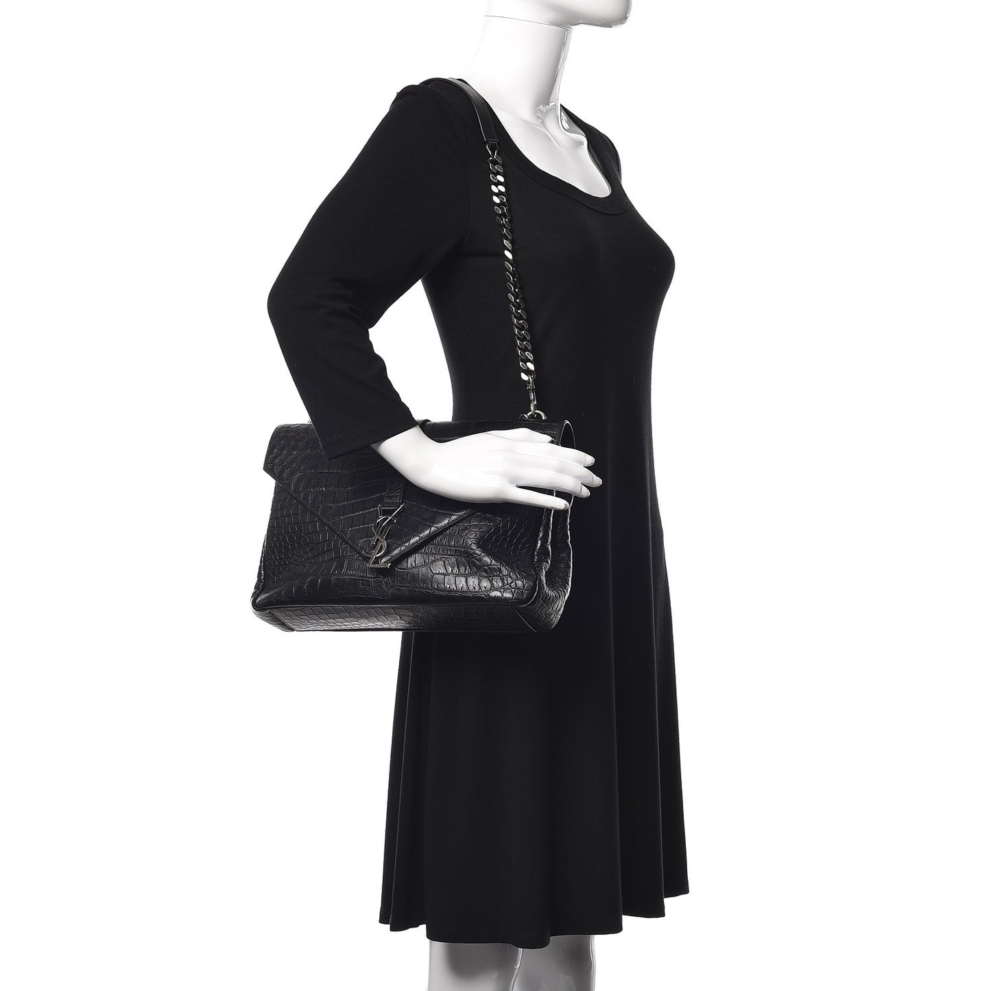 Calfskin Crocodile Embossed Monogram Large College Satchel Black