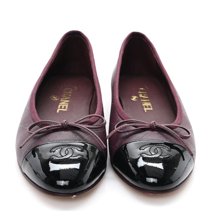 Chanel Printed Lambskin Patent CC Cap Toe Ballerina Flats 38 Burgundy Black 3 of 9