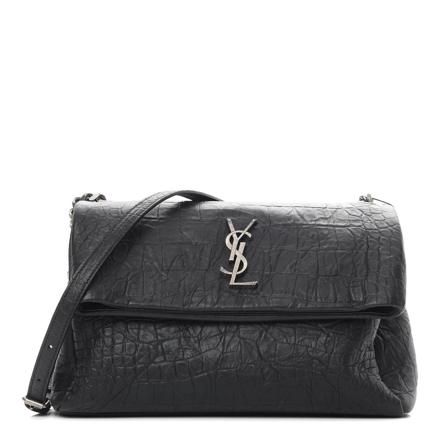 Calfskin Crocodile Embossed Medium West Hollywood Monogram Fold-Over Black