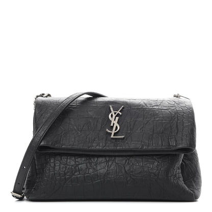 Saint Laurent Calfskin Crocodile Embossed Medium West Hollywood Monogram Fold-Over Black 1 of 12